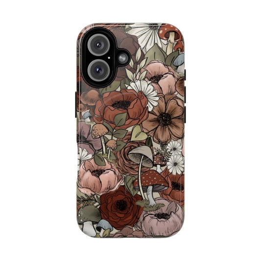 Closeup of a vibrant floral and mushroom design on a magnetic protective phone case