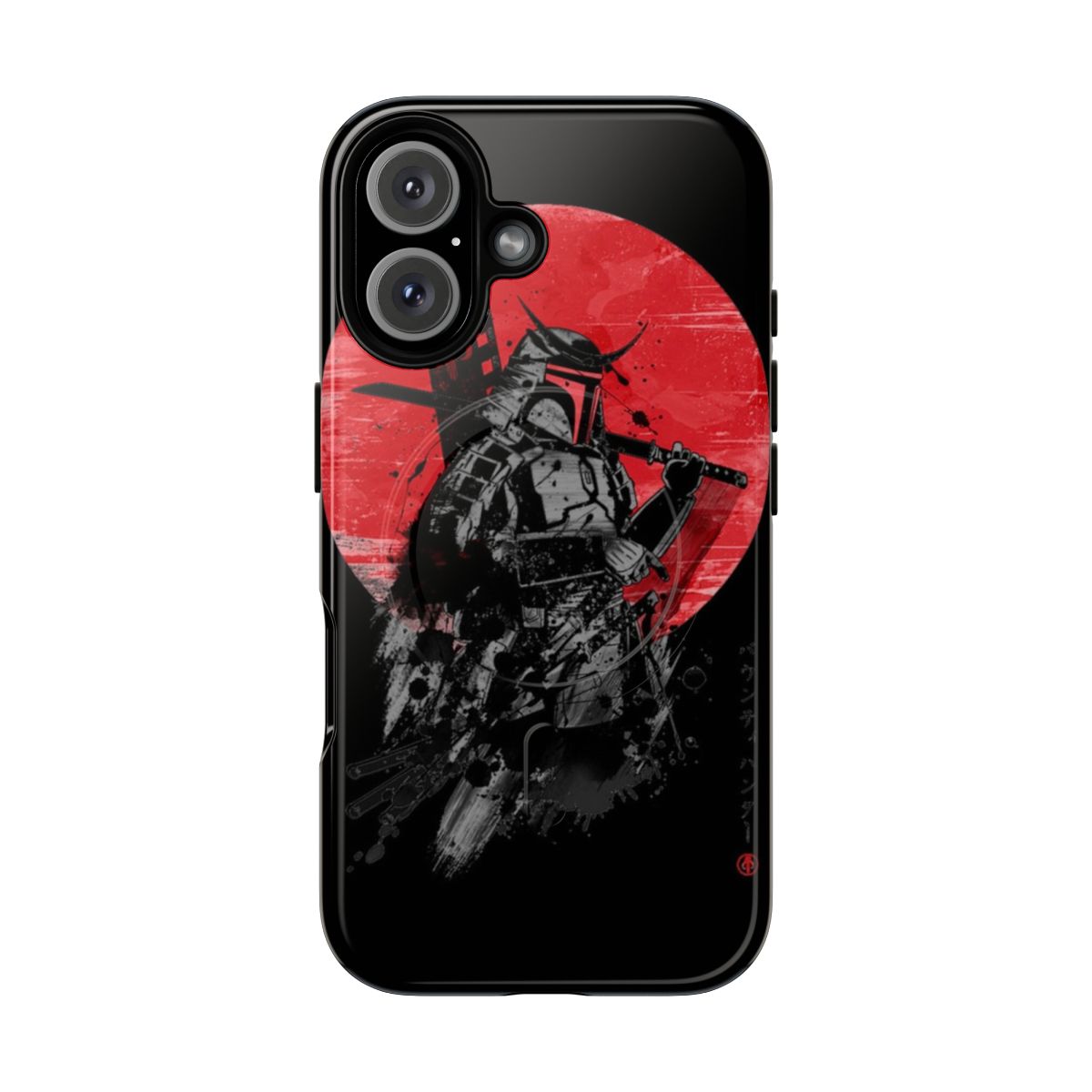 Samurai-themed phone case with a red sun design