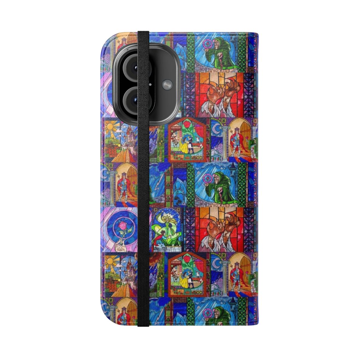 Stained glass-inspired Beauty and the Beast phone case with Disney characters Belle and the Beast - Folded Front