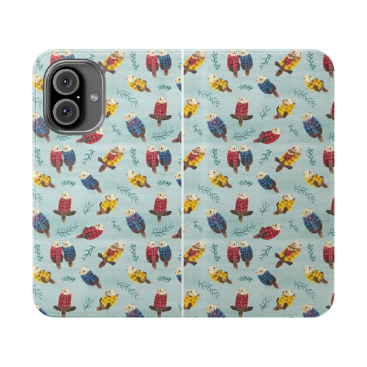 Illustrated sea otters wearing plaid pattern on a flip phone case