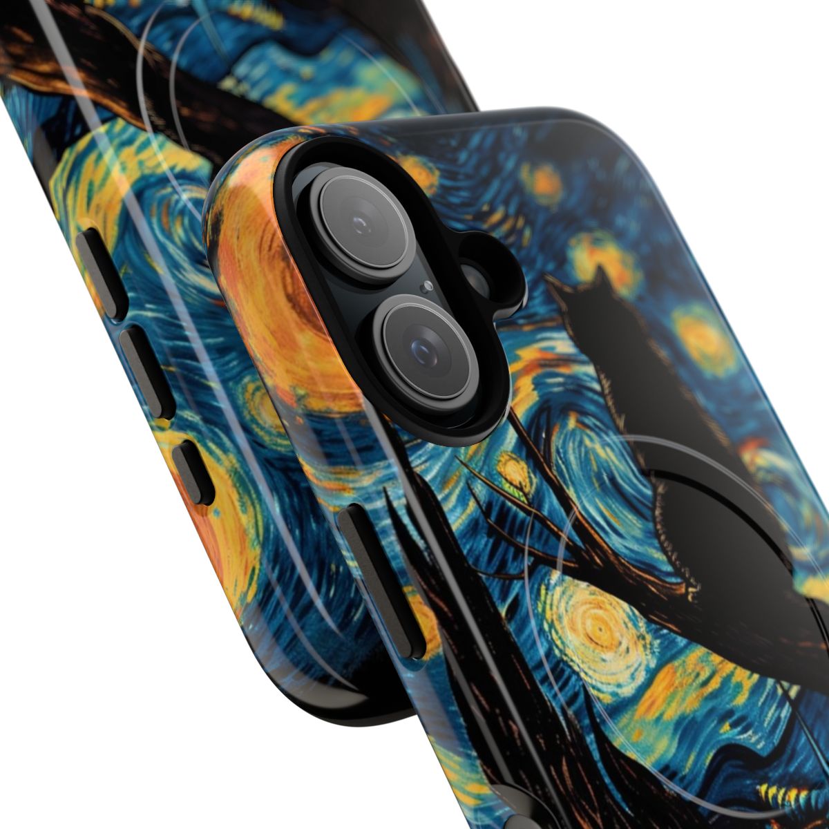 Magnetic tough phone case with a design inspired by Vincent Van Gogh's Starry Night and a black cat. - Detail