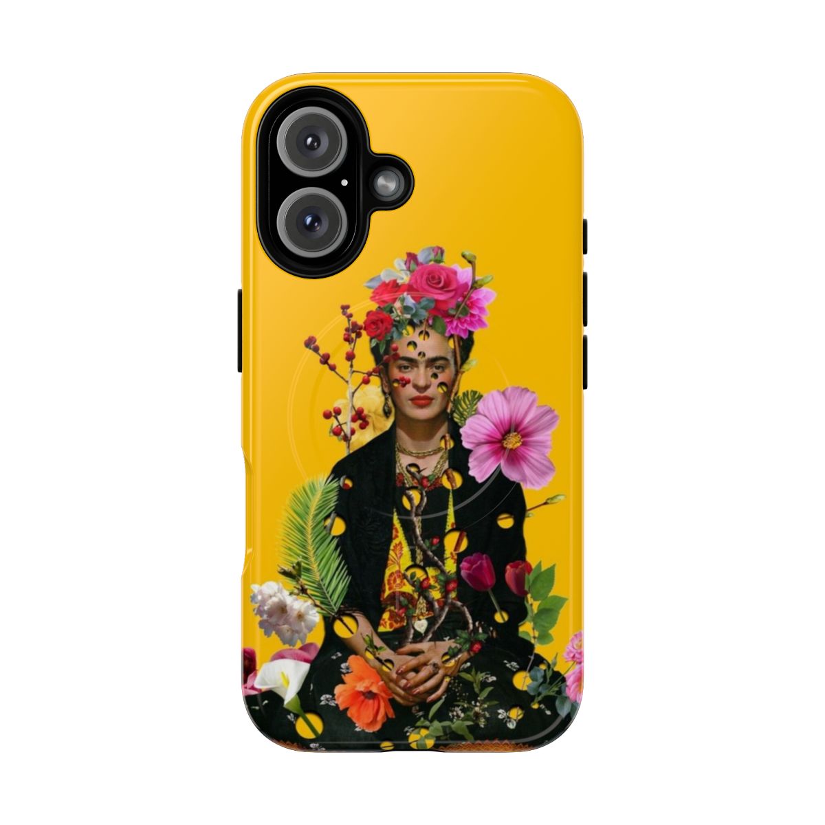 Magnetic phone case featuring a collage-style design inspired by the artwork and legacy of Mexican artist Frida Kahlo.