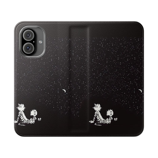 A stylish flip phone case featuring the beloved characters Calvin and Hobbes.