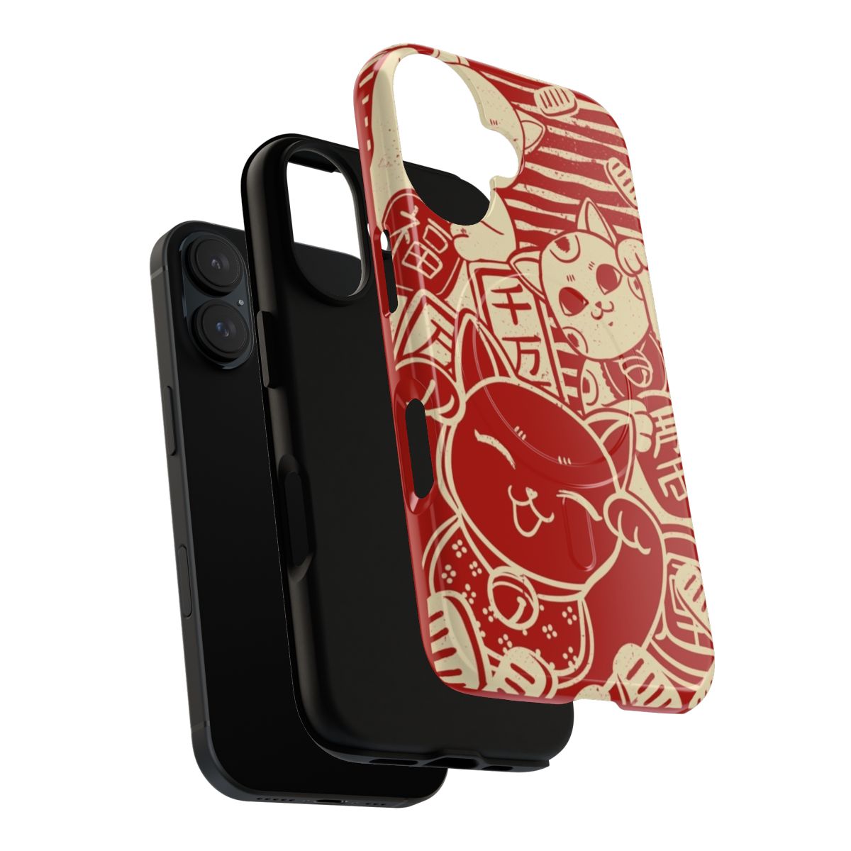 Magnetic tough phone case featuring a cute maneki neko (lucky cat) design in a traditional Japanese style. - Layers