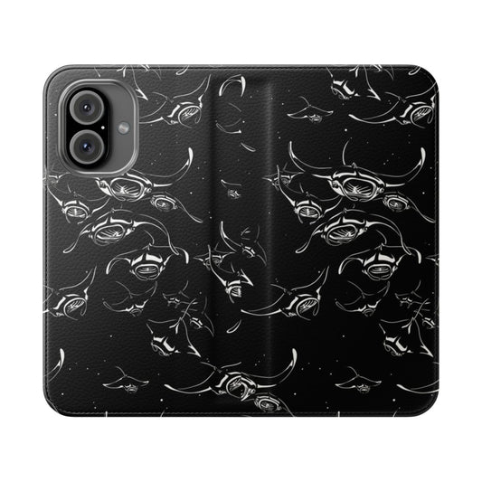 Flip cover phone case featuring a minimalist, surreal design of manta rays in a dark, cosmic atmosphere.