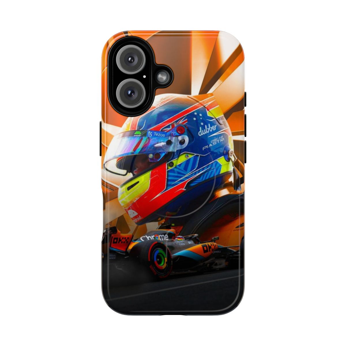 Magnetic phone case featuring a design inspired by Formula 1 driver Oscar Piastri and the Mclaren team.