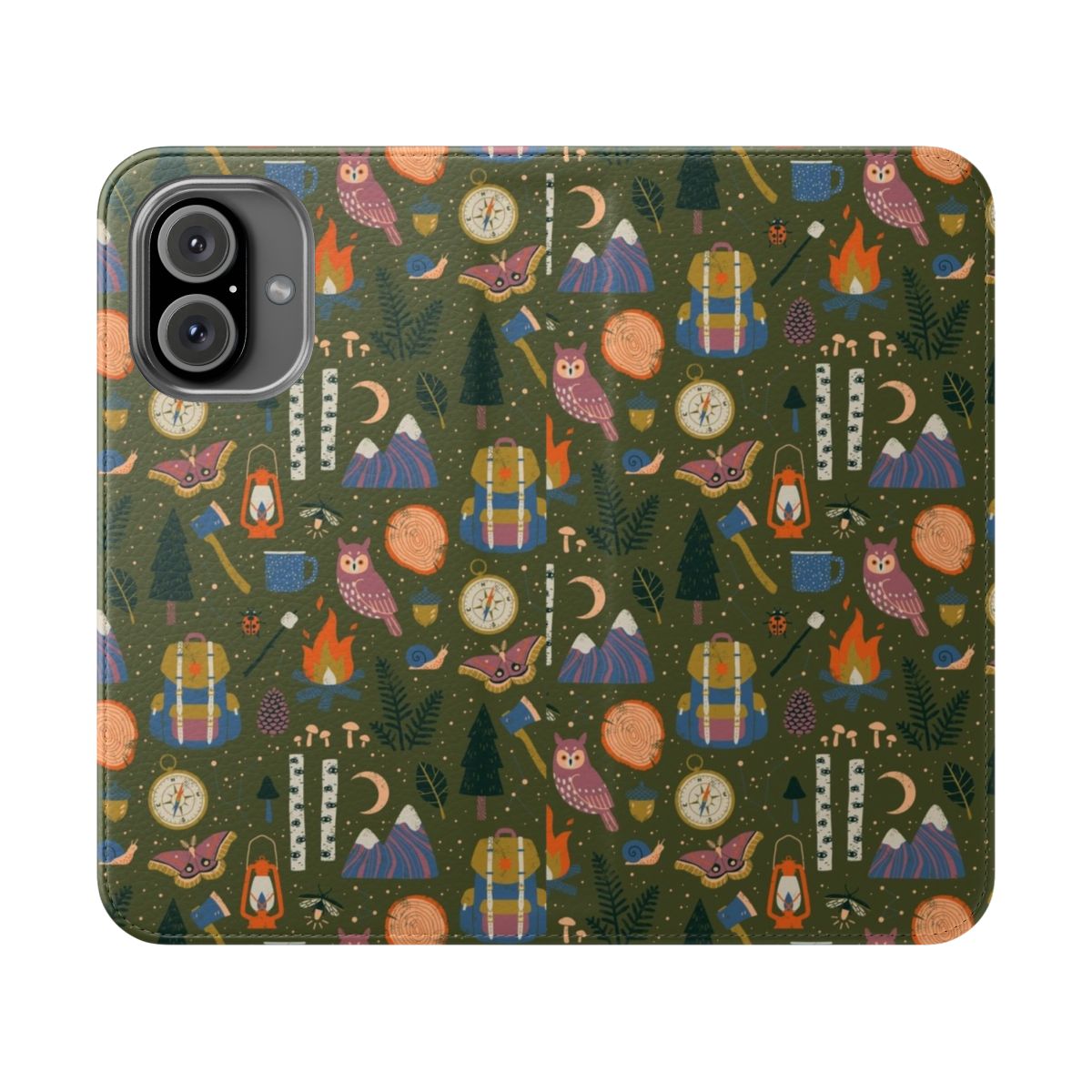 Flip cover phone case with a whimsical forest pattern featuring owls, campfires, and other nature elements.