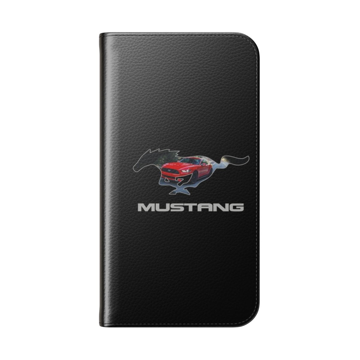 Flip cover phone case featuring a red Ford Mustang logo design against a black background. - Folded Back