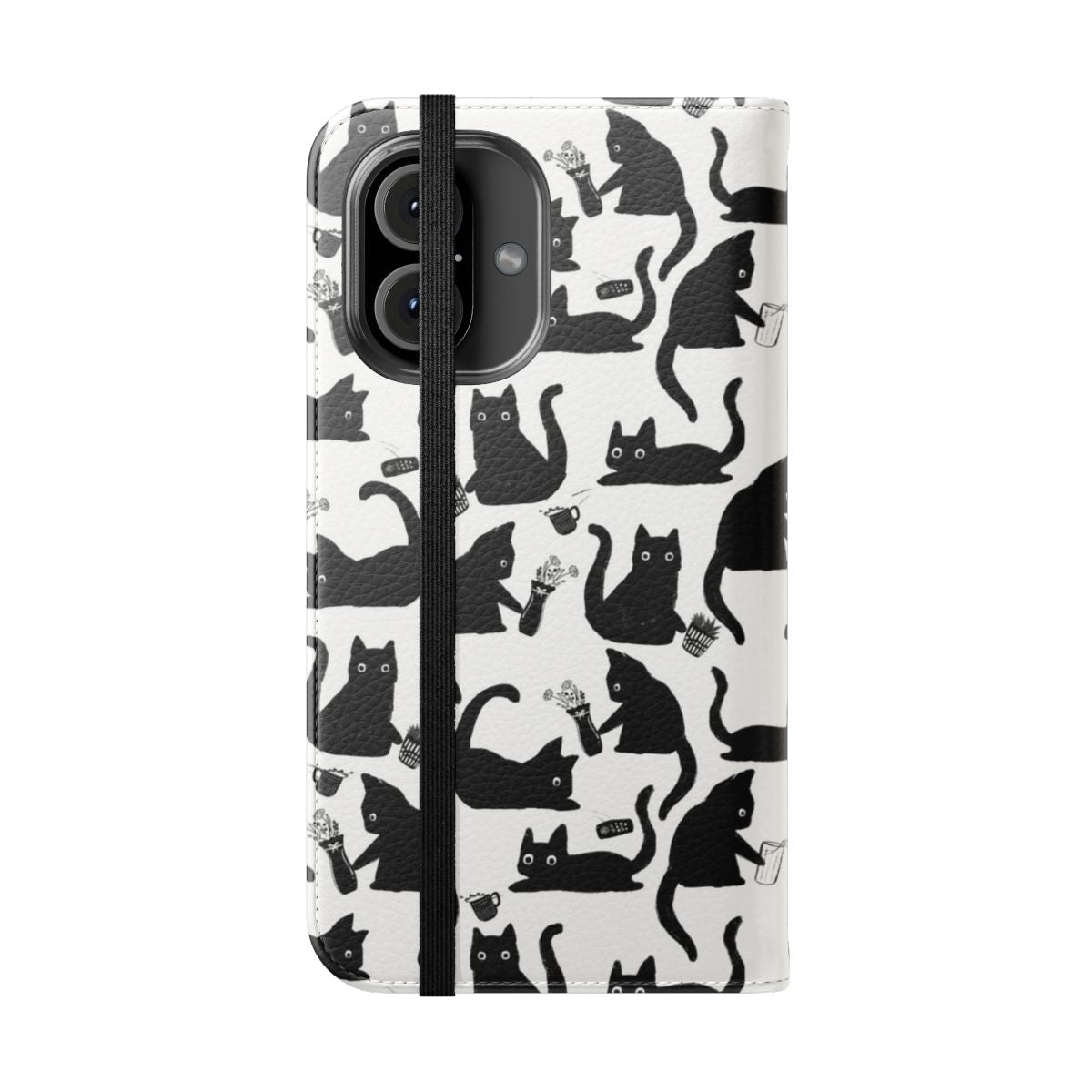 A flip cover phone case featuring a hand-drawn pattern of adorable, mischievous cats knocking things over. - Folded Front