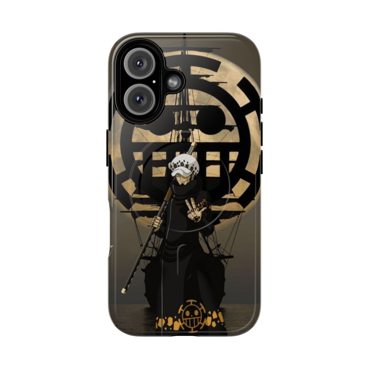 Magnetic tough phone cases featuring popular One Piece characters like Luffy, Zoro, Sanji, and Trafalgar Law.