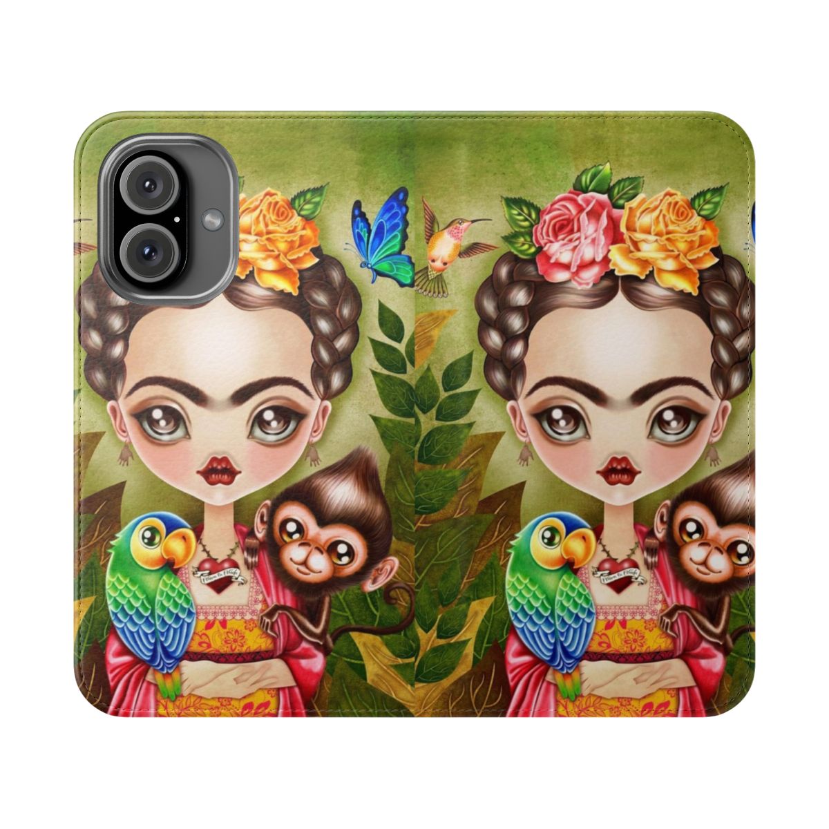 Vibrant Frida Kahlo-inspired phone case with floral, hummingbird, and butterfly design