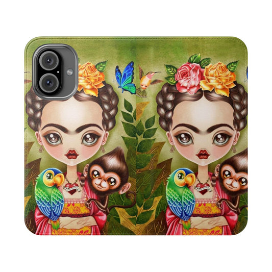 Vibrant Frida Kahlo-inspired phone case with floral, hummingbird, and butterfly design