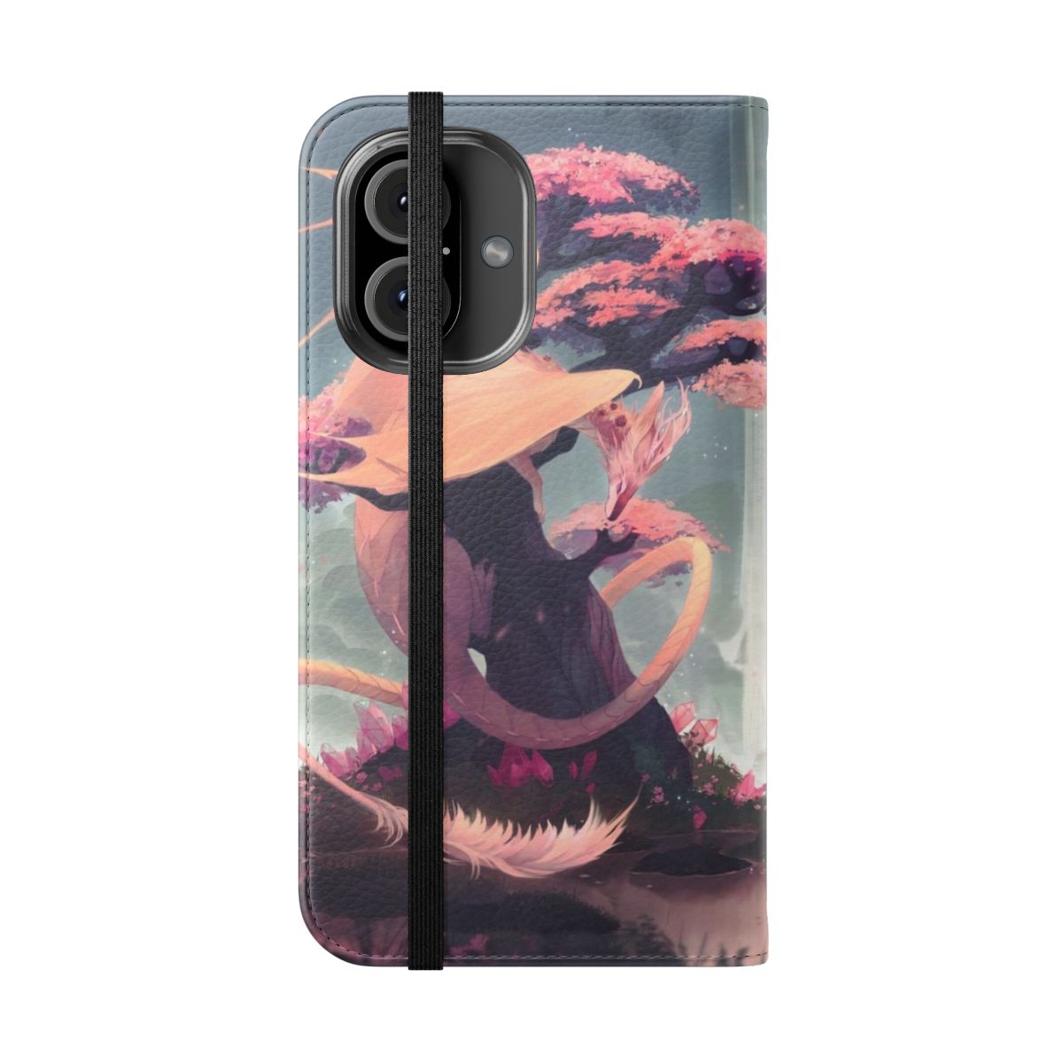 Flip cover phone case featuring a mystical dragon and cherry blossoms in a serene nature setting - Folded Front