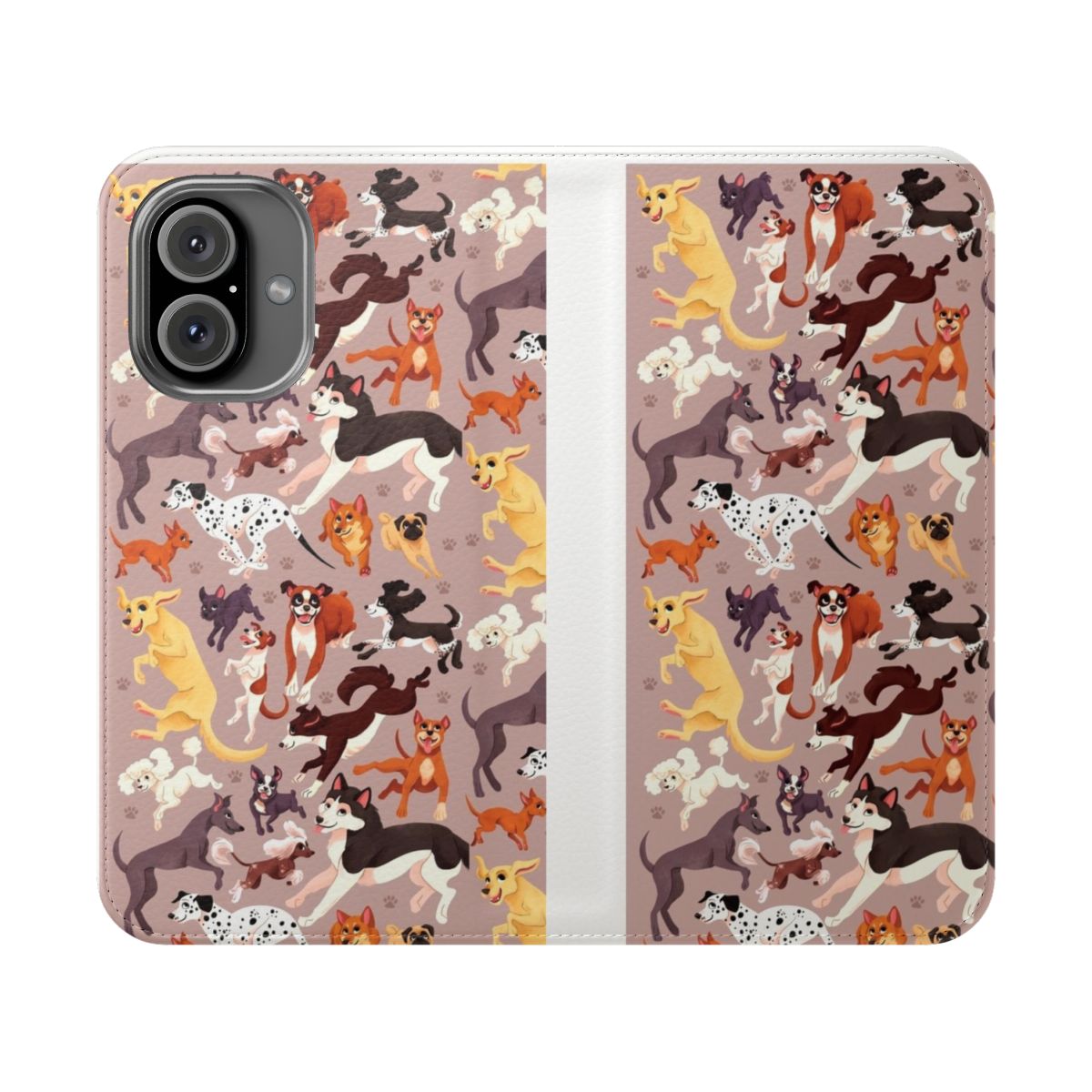 Colorful illustration of various dog breeds on a flip cover phone case