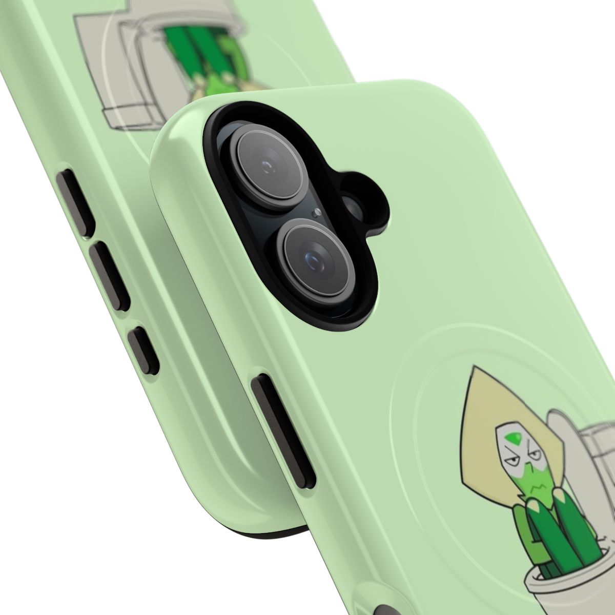 Peridot inspired green cartoon phone case with crystal gems design and magnetic closure - Detail