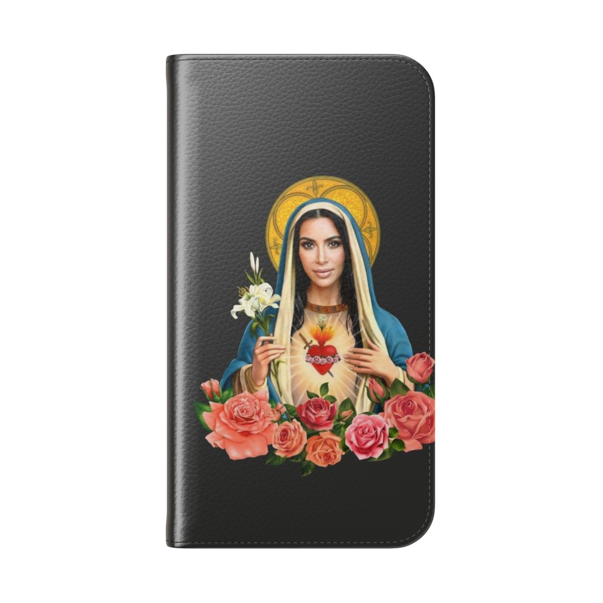 Stylish flip cover phone case featuring a Virgin Mary design inspired by the Kardashian family. - Folded Back