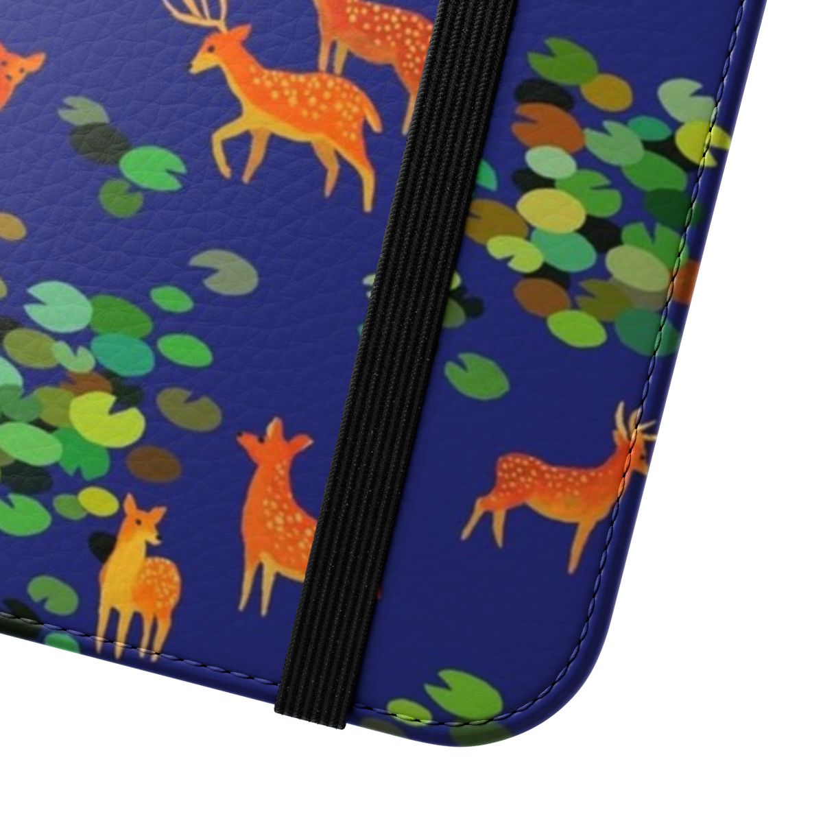 Closeup of a deer and lilypads on a botanical-themed phone case - Close Up