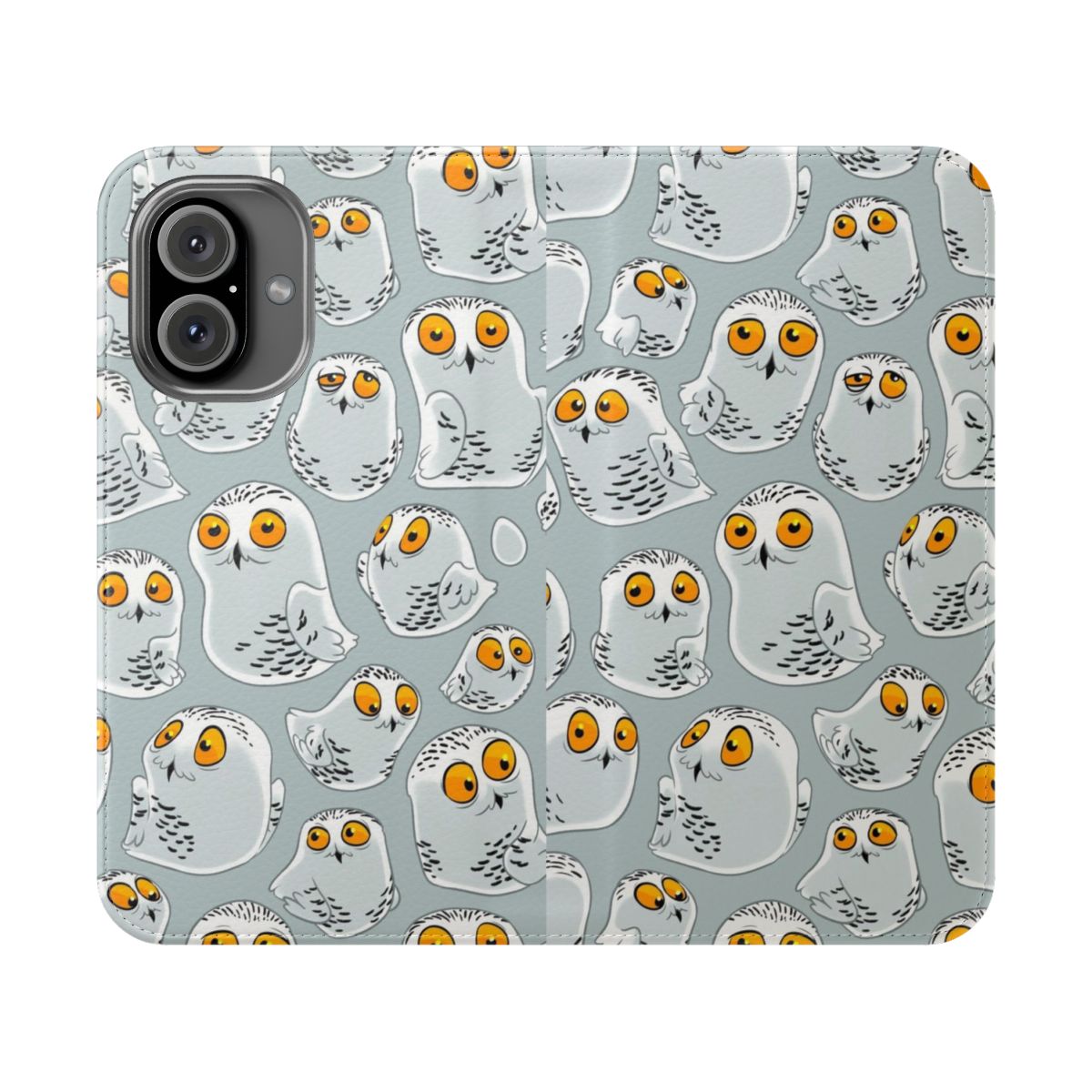 Flip phone case with a detailed snowy owl (Bubo scandiacus) design against a winter backdrop