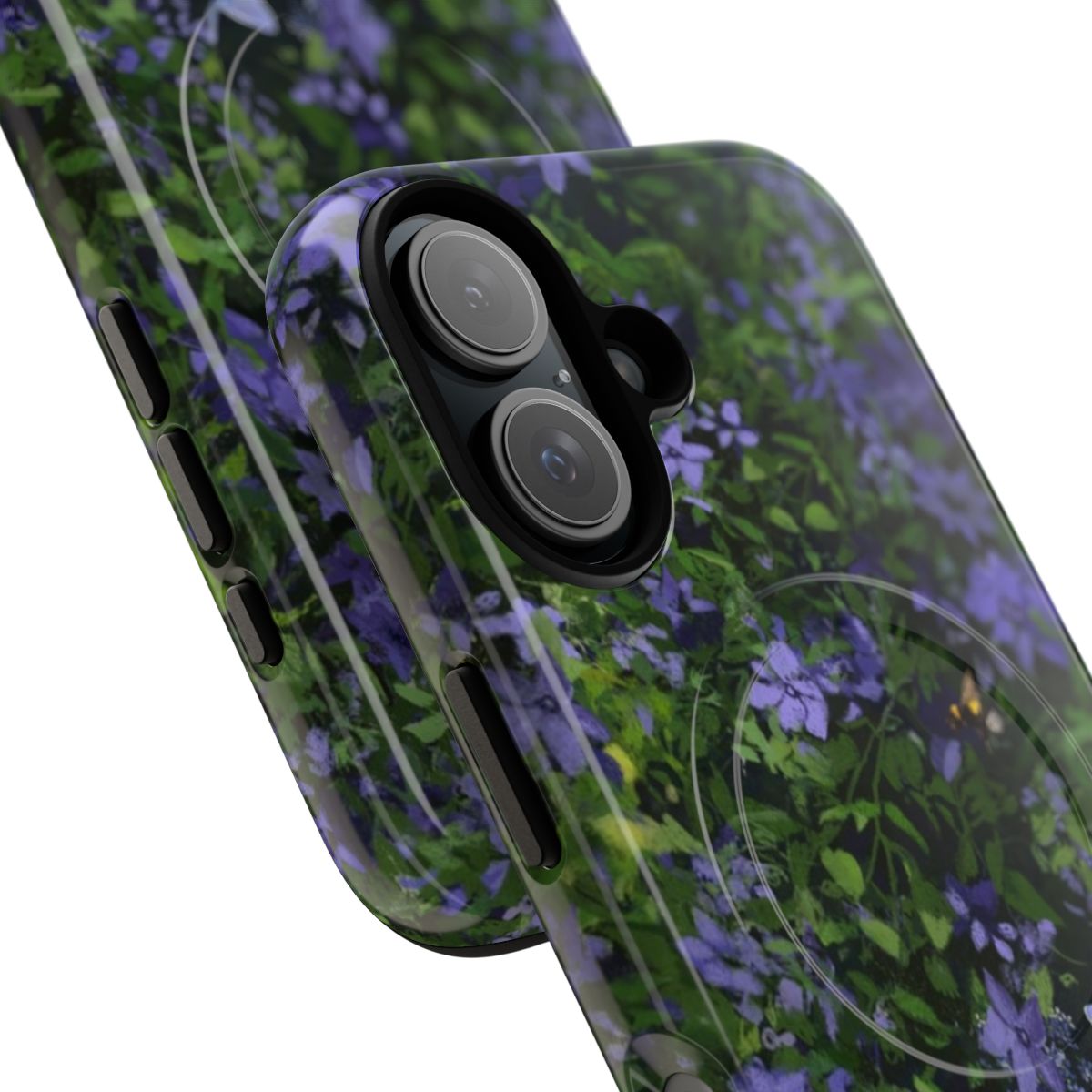 A vibrant phone case featuring a beautiful purple floral pattern with wisteria, clematis, bluebells, forget-me-nots, butterflies, and bees. - Detail