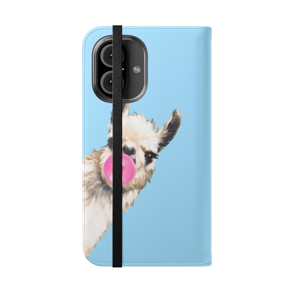 Illustration of a sneaky llama blowing bubble gum on a blue flip phone case - Folded Front