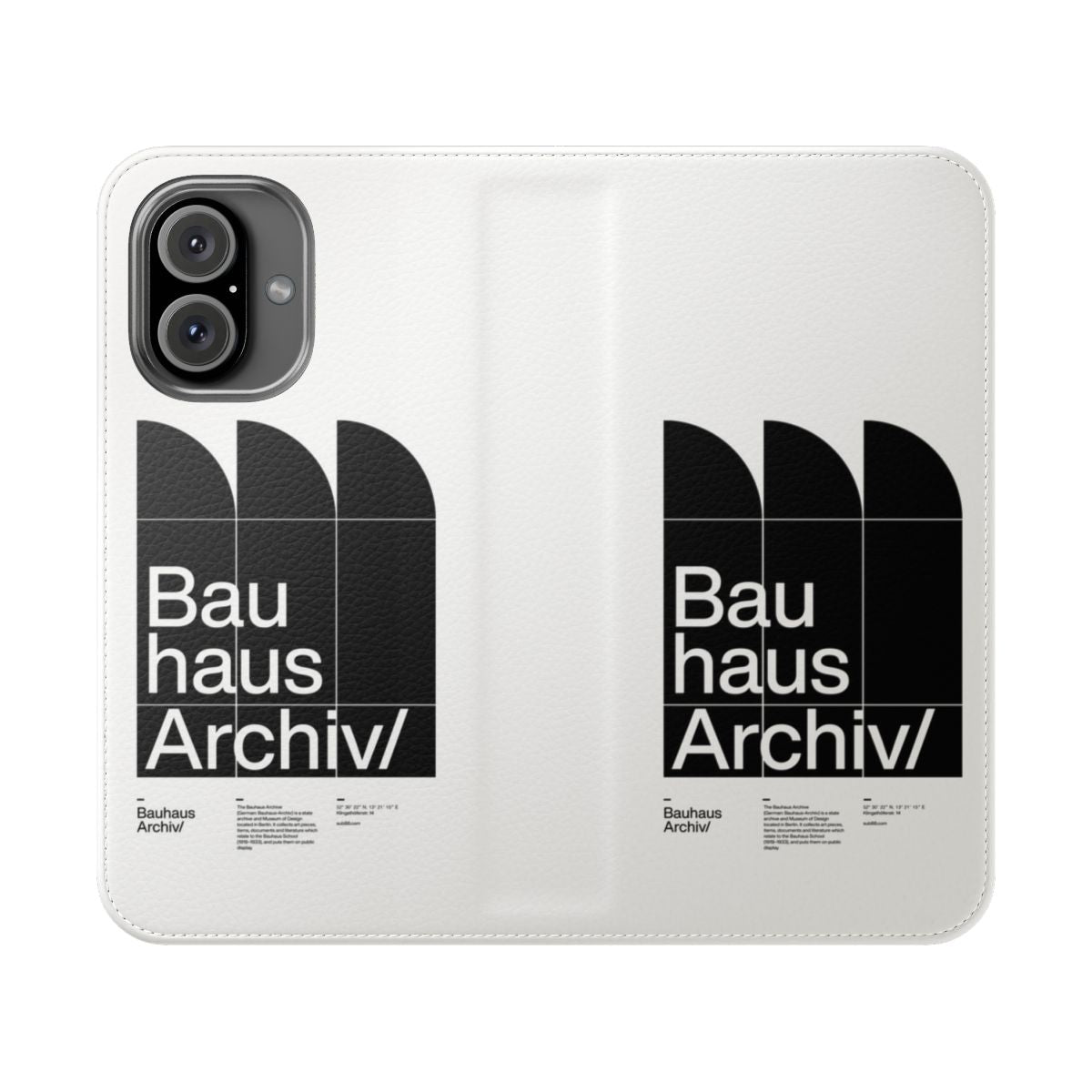 Minimalist Bauhaus-inspired flip cover phone case with modern, typographic design