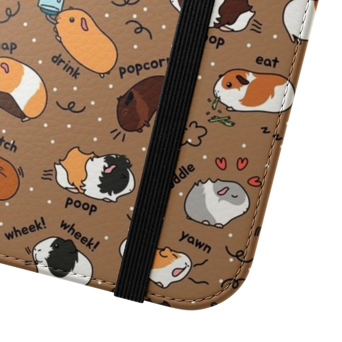 Flip cover phone case with a brown background and a cute guinea pig daily to-do list design. - Close Up