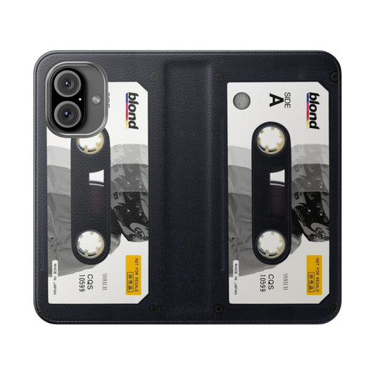 Vintage-style flip cover phone case featuring a retro cassette tape design inspired by Frank Ocean's album "Blonde"