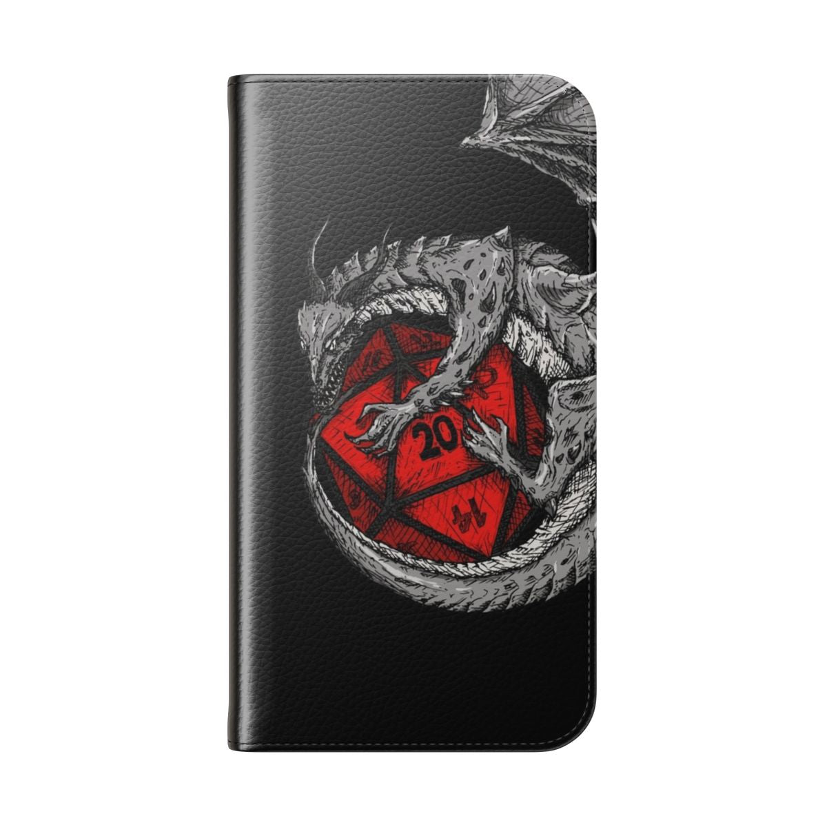 Silver and red flip cover phone case featuring a mythical dragon design, ideal for fans of Dungeons and Dragons and other tabletop role-playing games. - Folded Back