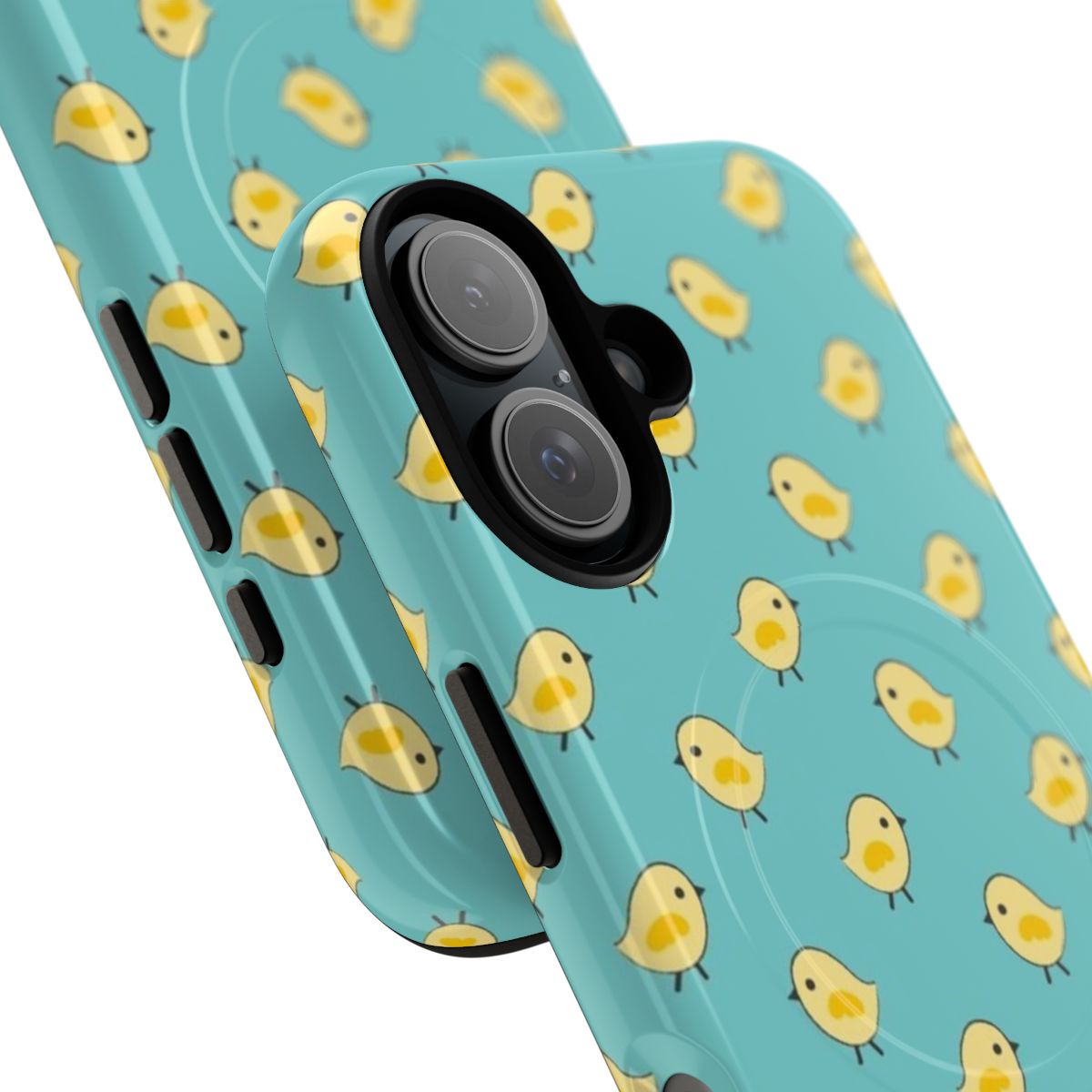 Vibrant yellow chicks pattern on an aqua blue magnetic phone case - Detail