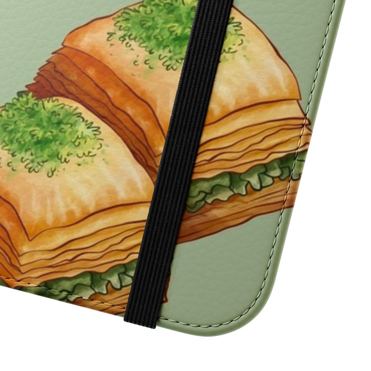 Handdrawn watercolor illustration of pistachio baklava pastry on a flip phone case - Close Up