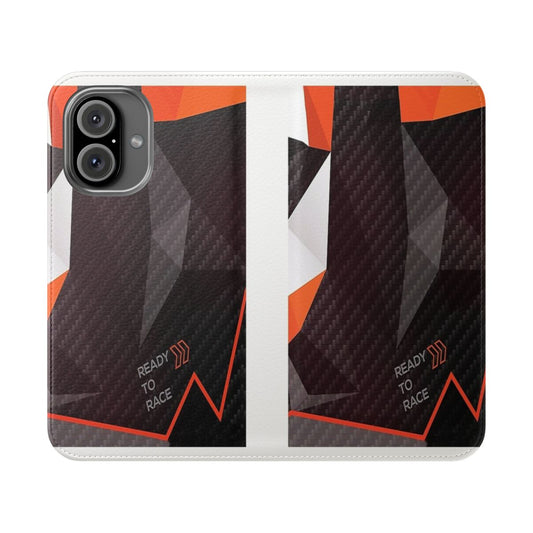 Motorsports-Inspired Fractals Flip Cover Phone Case with a carbon fiber weave pattern and abstract triangles design