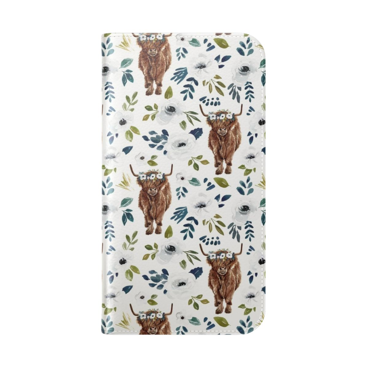 Vibrant floral painting of a highland cow wearing a crown of flowers on a smartphone flip cover case. - Folded Back