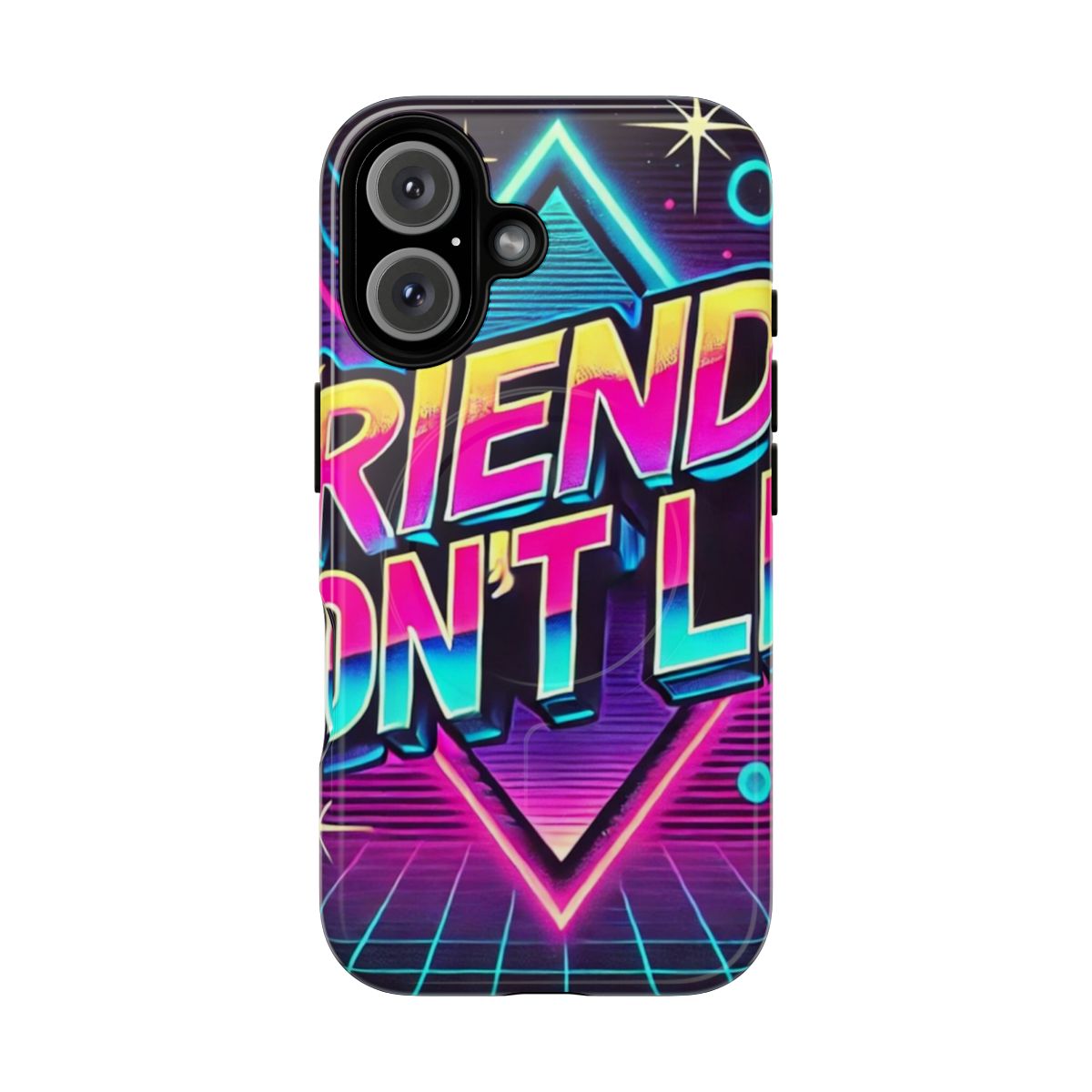 Retro 80s style phone case with "Friends Don't Lie" typography design, inspired by the TV show Stranger Things.