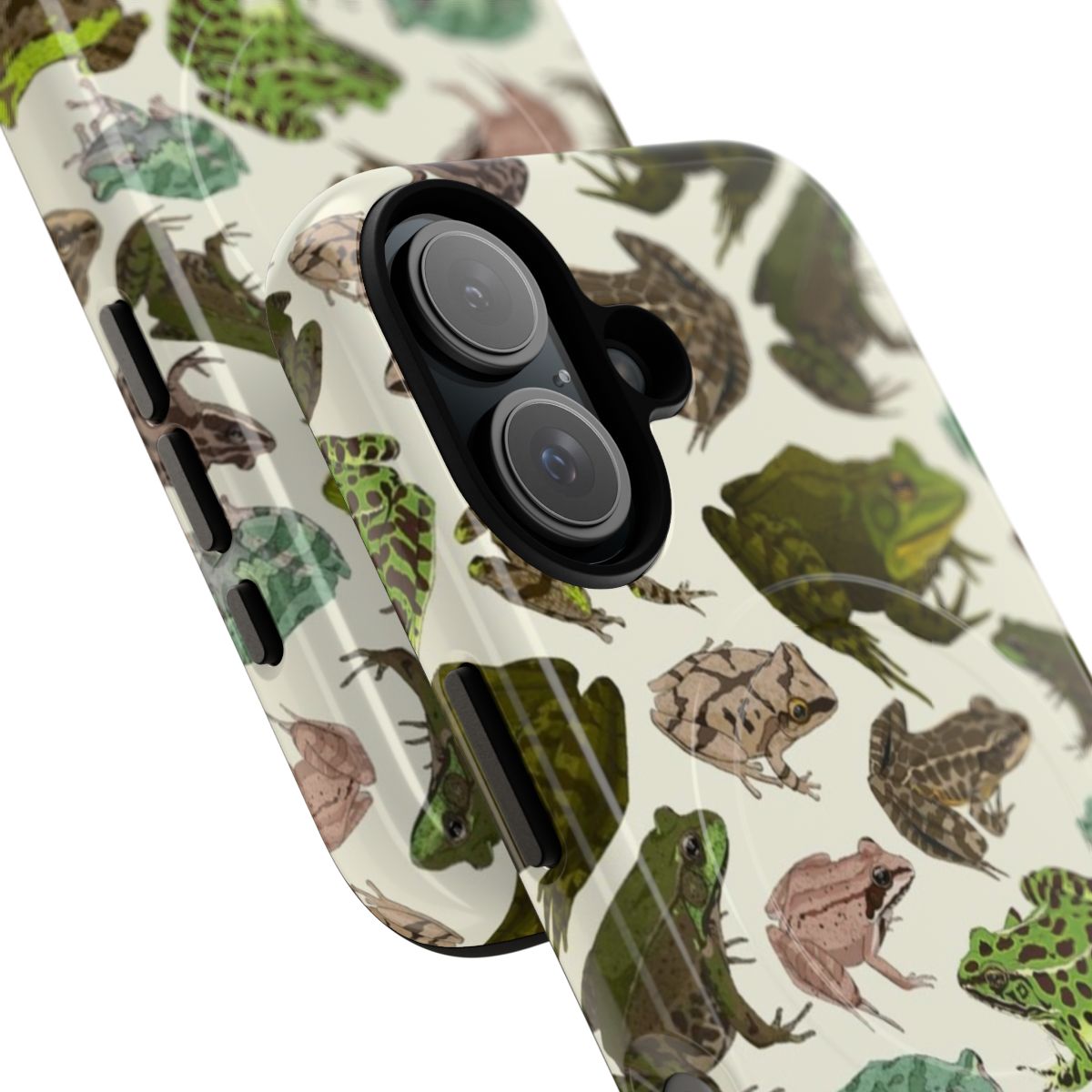 A magnetic tough phone case featuring a vibrant frog pattern. - Detail