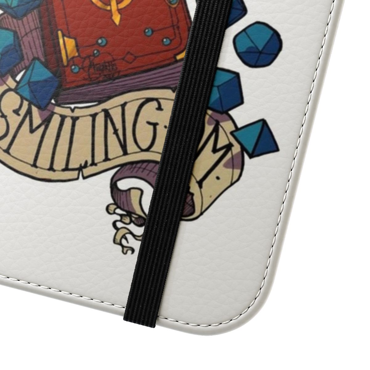 Flip cover phone case with a smiling dungeon master design, perfect for D&D fans. - Close Up