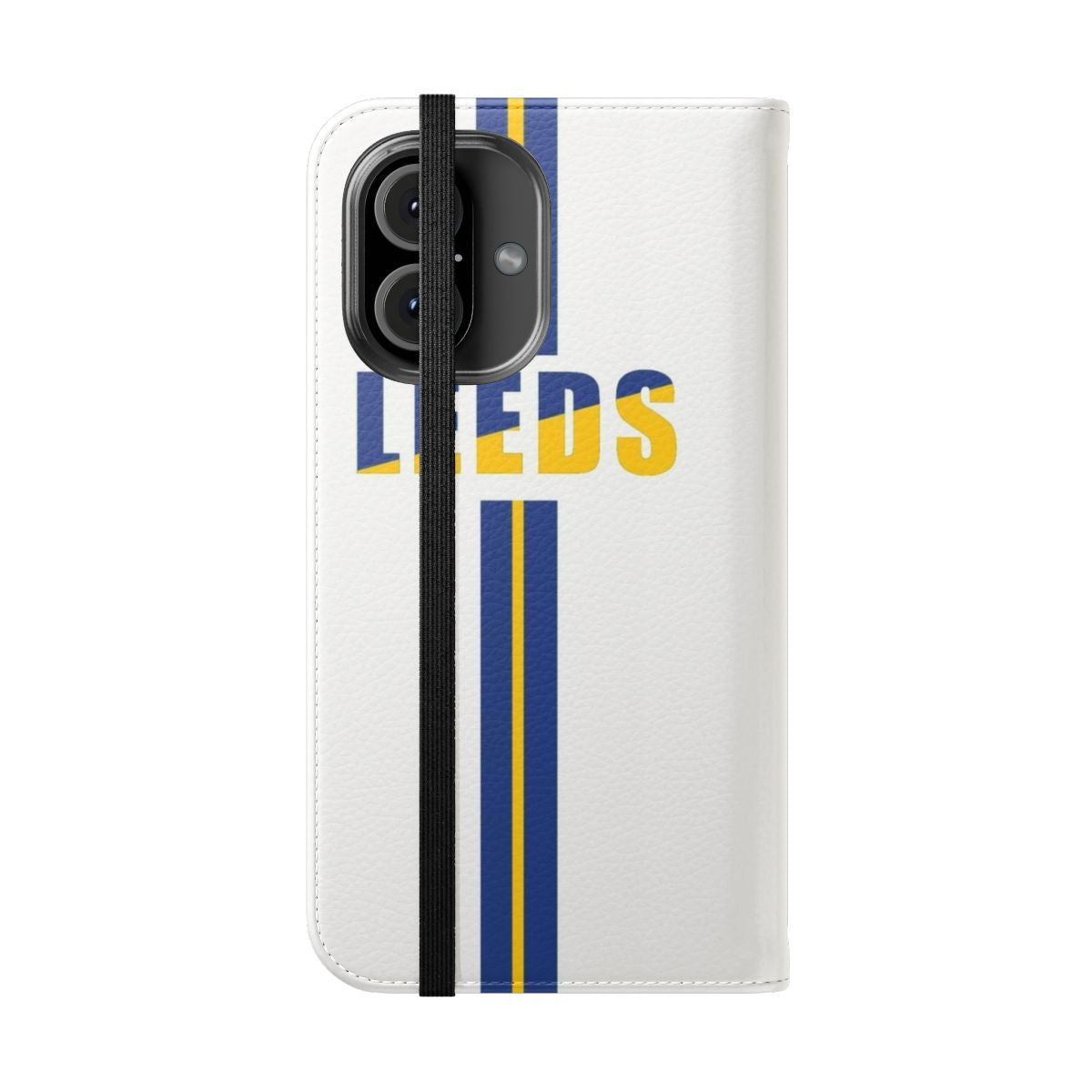 A stylish flip cover phone case featuring the Leeds United football club colors and logo. - Folded Front