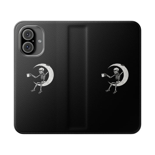 Skeleton art design on a black phone case with a flip cover.