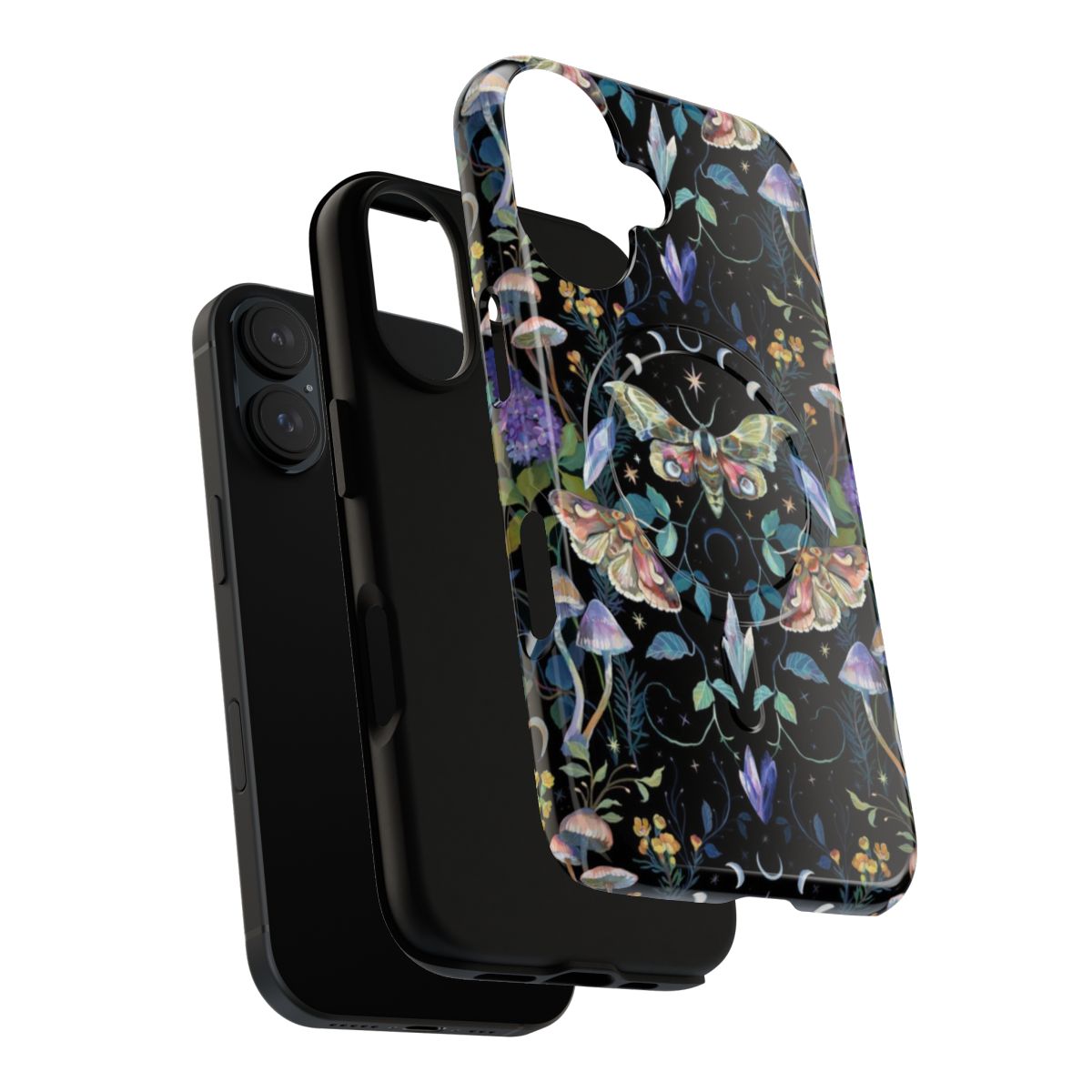 A crystal-embellished phone case featuring a mystical moth and mushroom design in a botanical, gouache style. - Layers