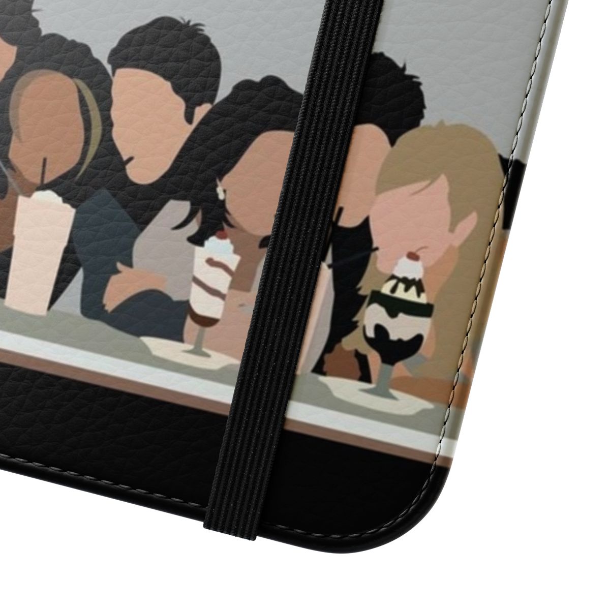 A flip cover phone case featuring the iconic Friends TV show logo and characters - Close Up