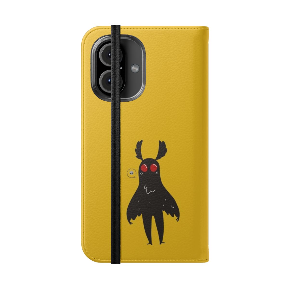 Closeup of a phone case featuring the iconic Moth Man cryptid design - Folded Front