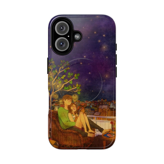 Romantic phone case with Puuung illustration of a cozy, happy couple in a scenic landscape