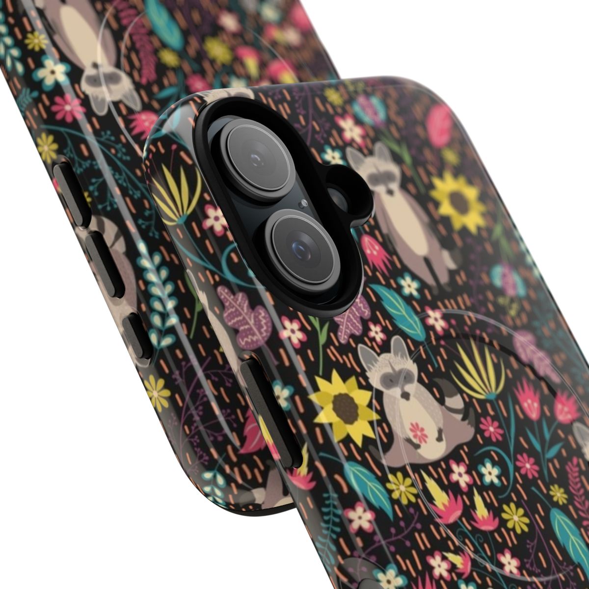 Vibrant raccoon surrounded by floral nature design on a phone case - Detail