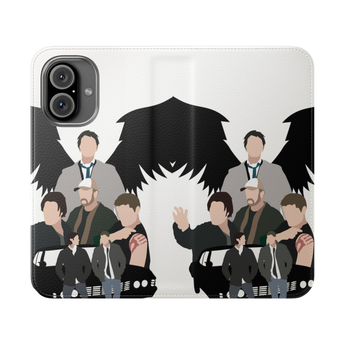 Supernatural-inspired phone case featuring the Winchester brothers and their iconic 1967 Chevy Impala