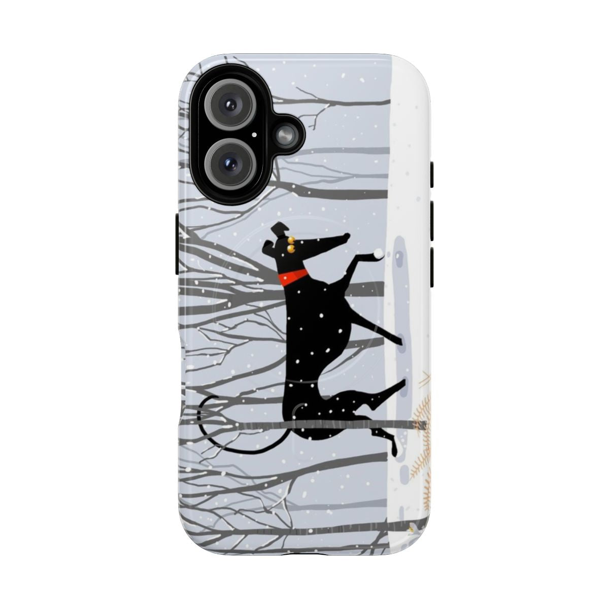 Illustration of a greyhound, whippet, or lurcher dog in a winter scene on a magnetic phone case