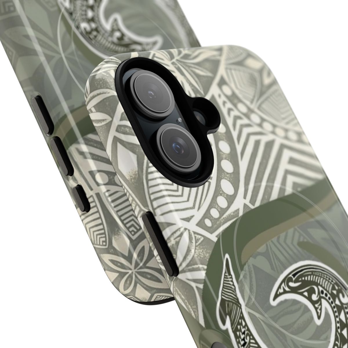 A green phone case featuring a Hawaiian-inspired fish hook and botanical design. - Detail