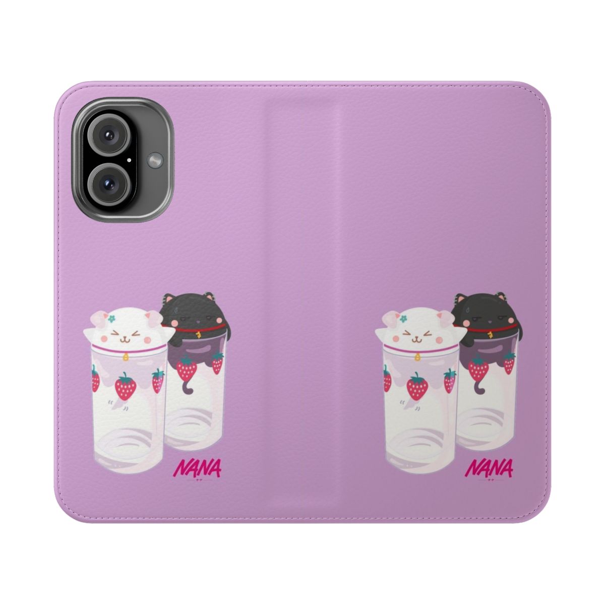 A flip cover phone case with a strawberry glasses print, inspired by the popular anime and manga series Nana.