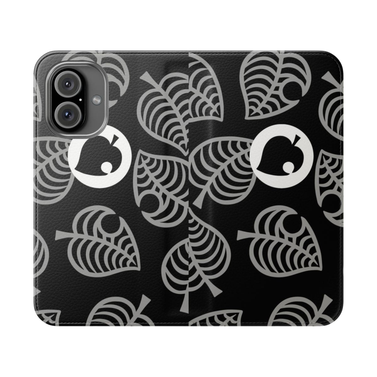 Black flip cover phone case with Animal Crossing Nook design