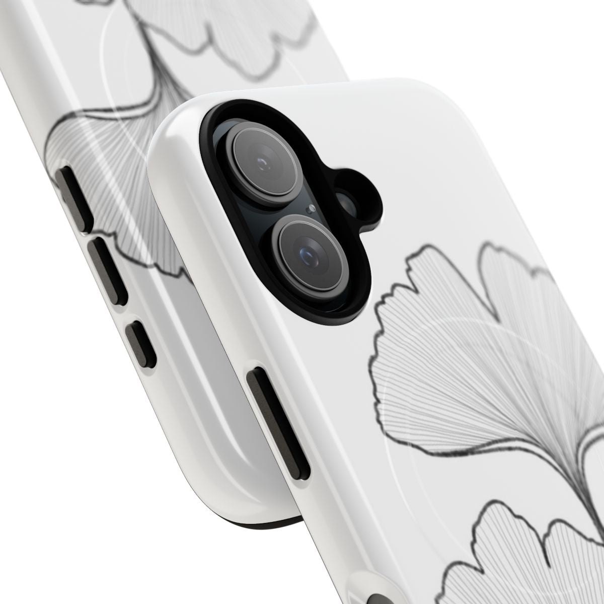 Ginkgo biloba inspired black and white floral phone case with fine line details - Detail