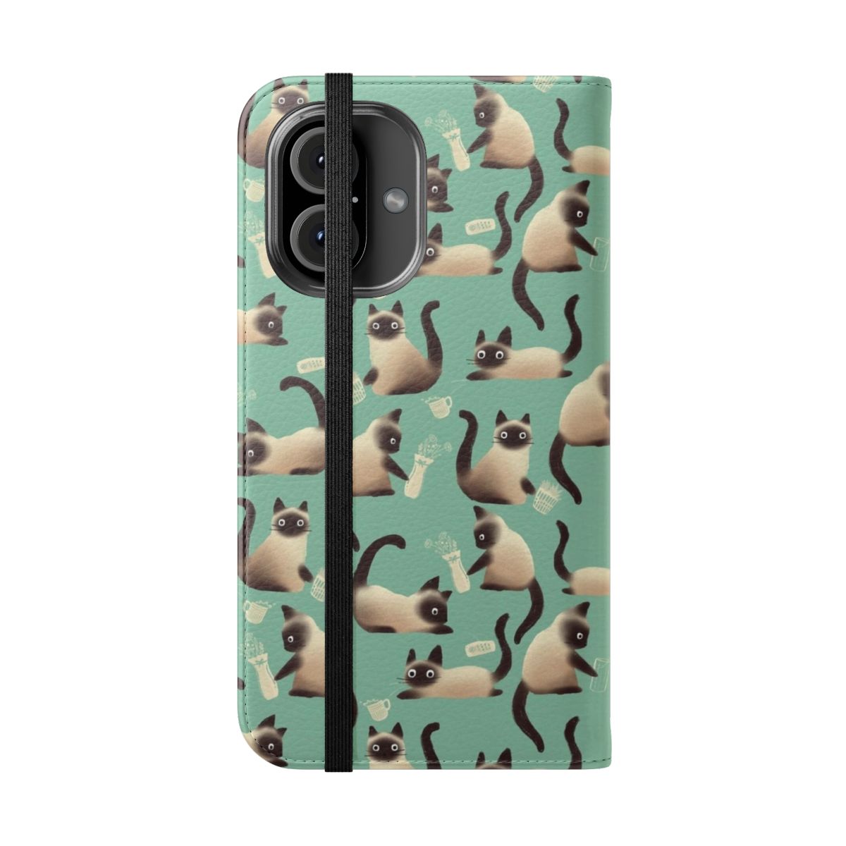 Whimsical phone case featuring a hand-drawn pattern of mischievous Siamese cats knocking things over. - Folded Front