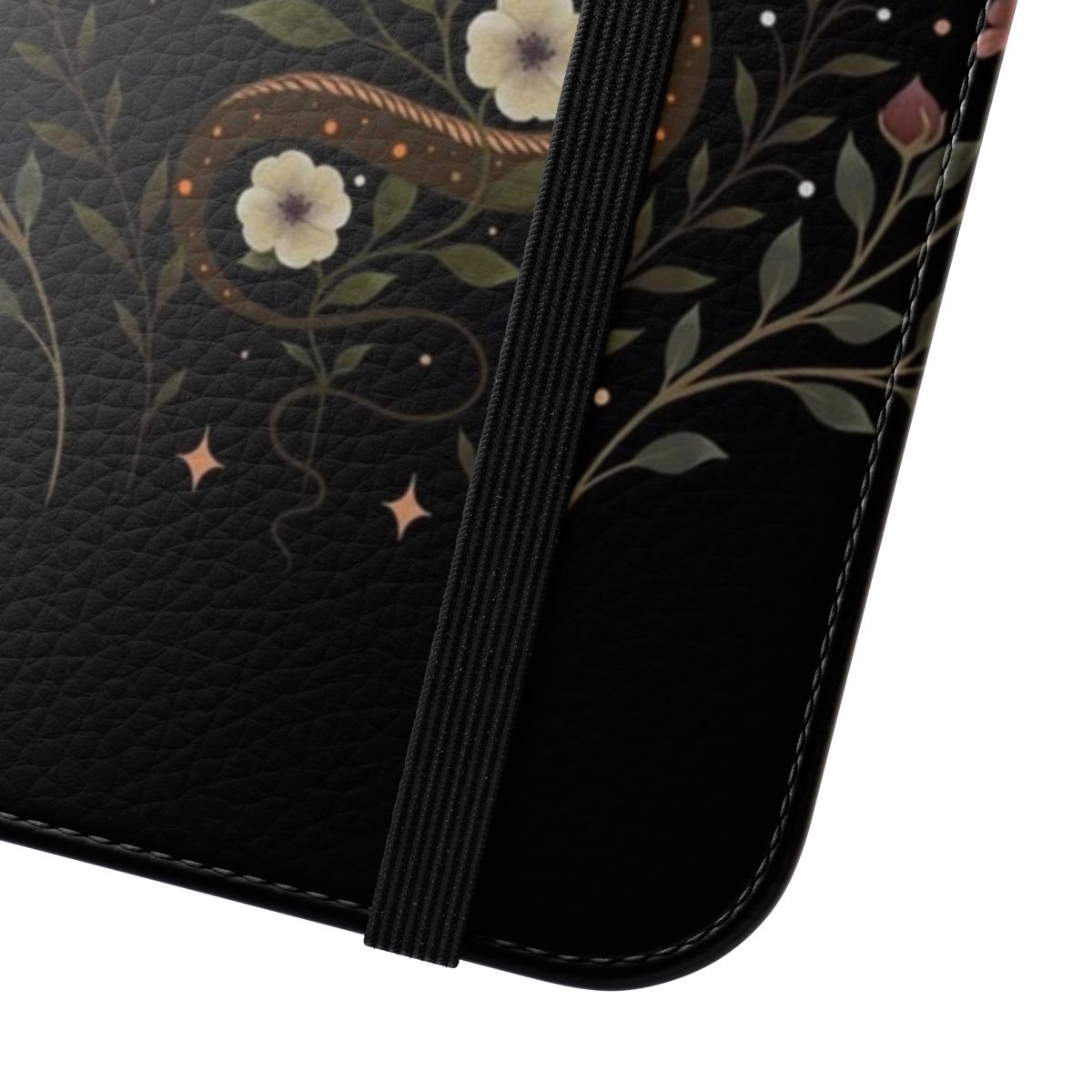 Enchanting flip phone case with a botanical serpent design, featuring a moonlit garden scene. - Close Up